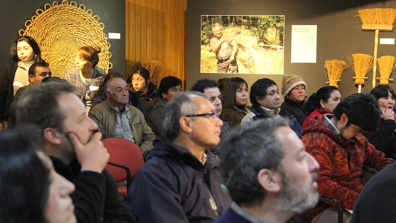 Al fondo, parte de la exhibición temporal “Clodomiro Marilicán Lindsay: custodio de la quilineja y el monte” y escobas de la artesana Juanita Gallardo, de Piedra blanca (Quellón), única “escobera” identificada en el territorio.