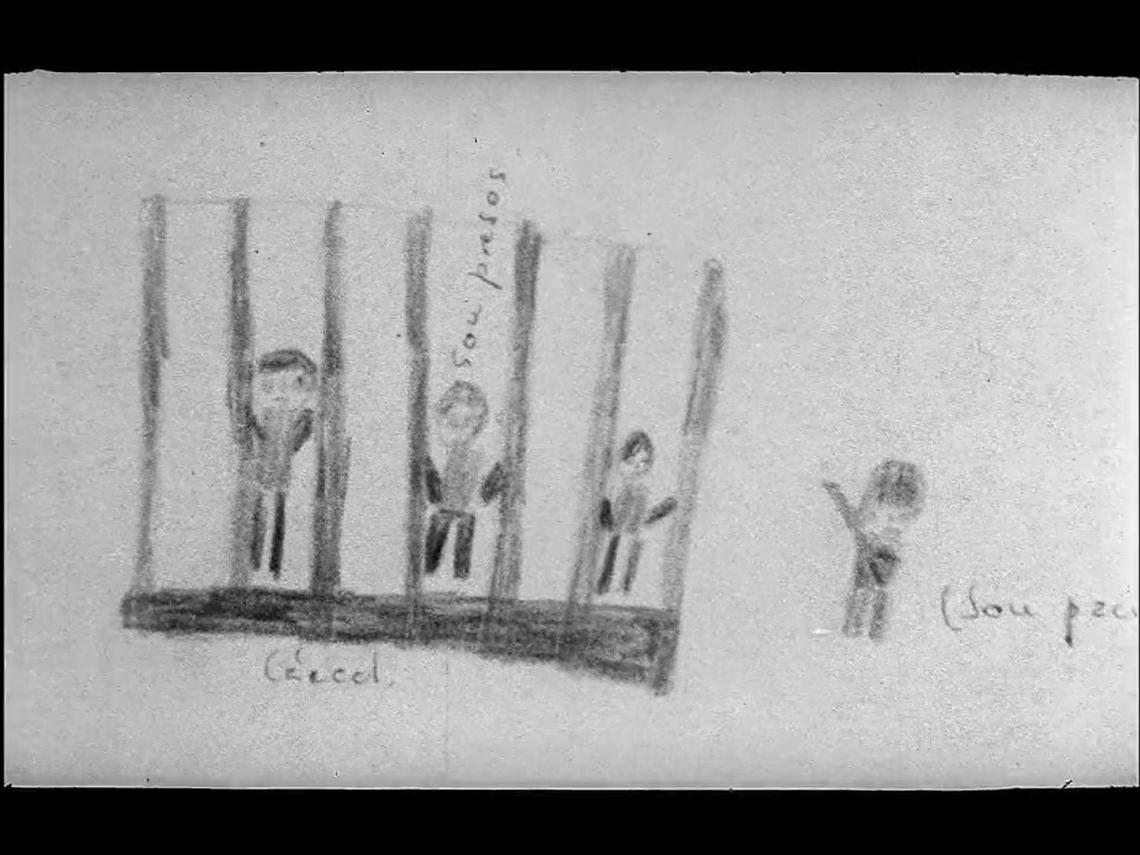 Dibujo realizado por niño que representan el contexto de detención que ha experimentado su circulo familiar.