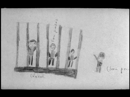 Dibujo realizado por niño que representan el contexto de detención que ha experimentado su circulo familiar.