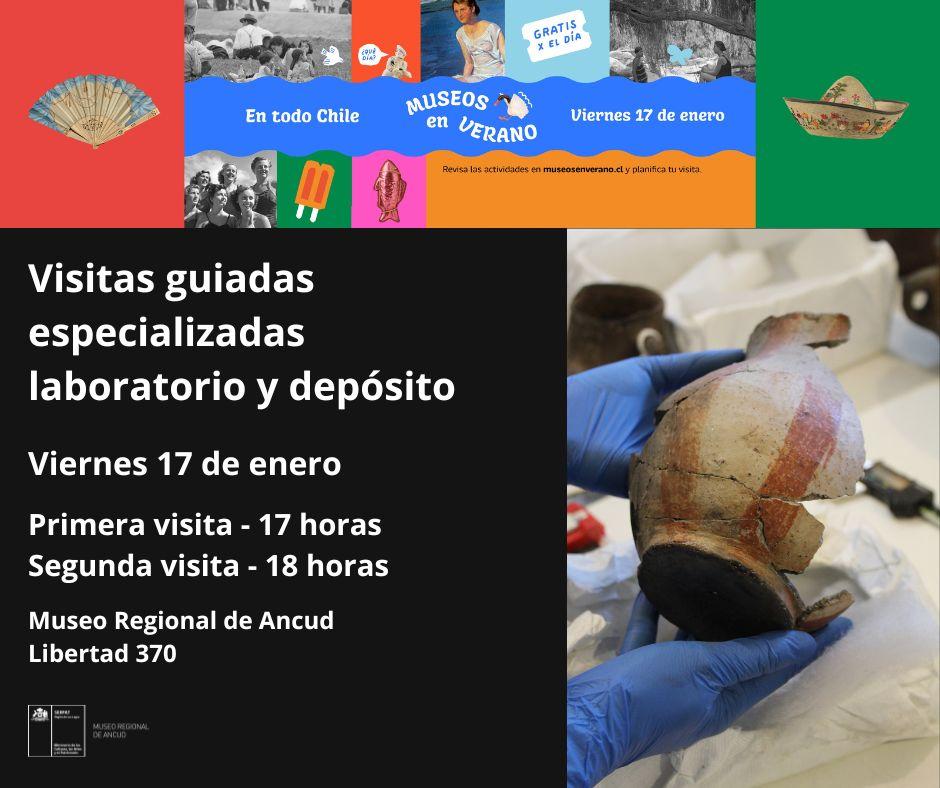 Afiche visita guiada especializada. Laboratorio y depósito. Museos en Verano 2025