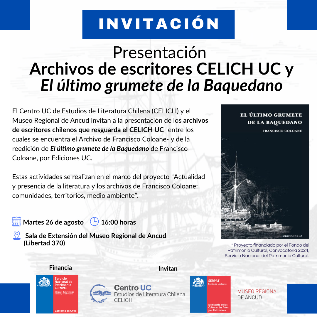 Afiche presentación Archivo de escritores CELICH UC y El último grumete de la Baquedano